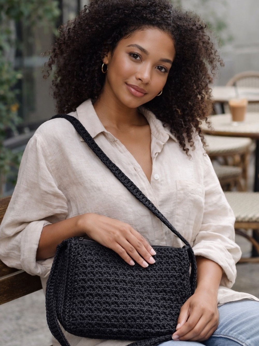 The Sak Black Crochet Woven Shoulder Bag Boho Zip Purse